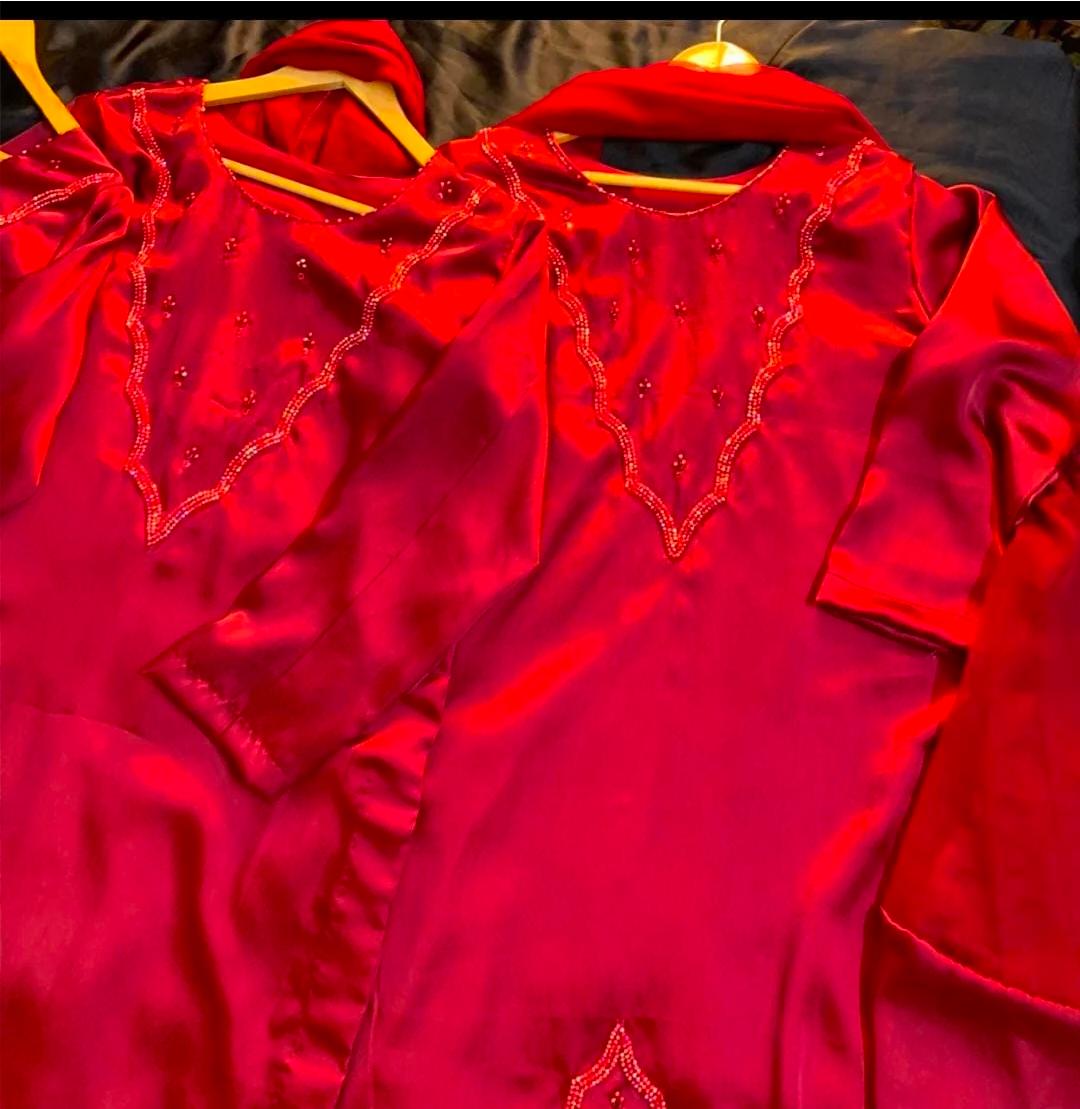 3pc Stitched |Red wine | Soft Silk