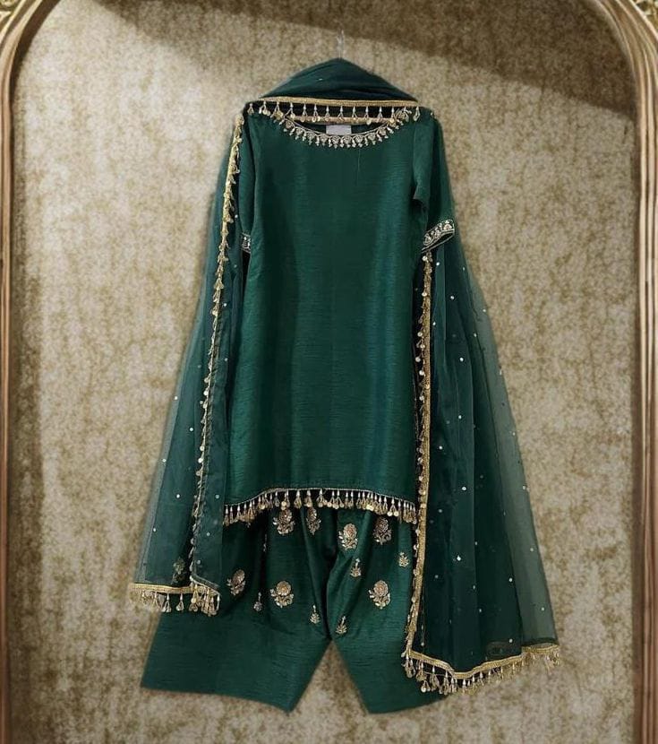 3pc Stitched | Emerald Green | Silk