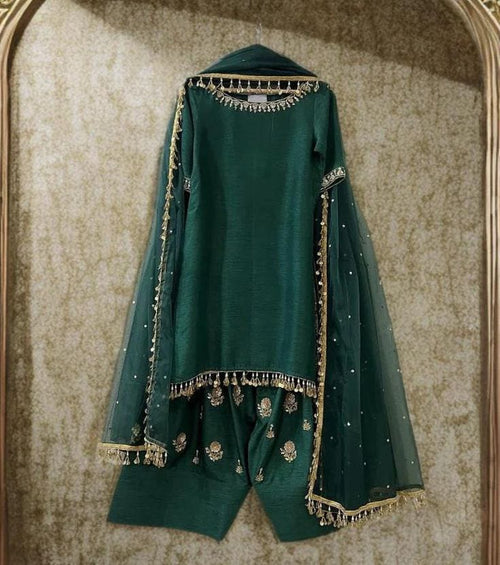 3pc Stitched | Emerald Green | Silk