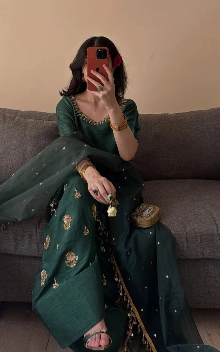 3pc Stitched | Emerald Green | Silk