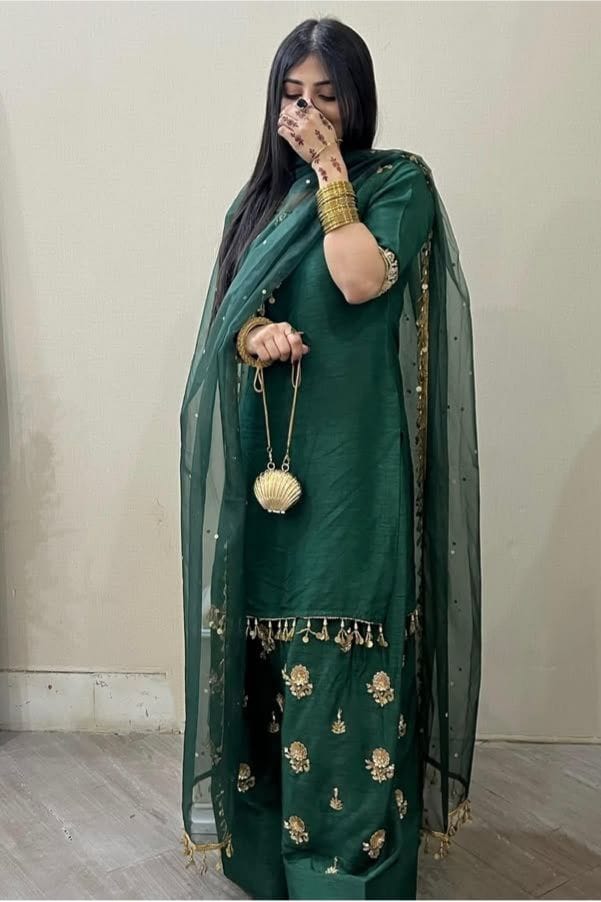 3pc Stitched | Emerald Green | Silk
