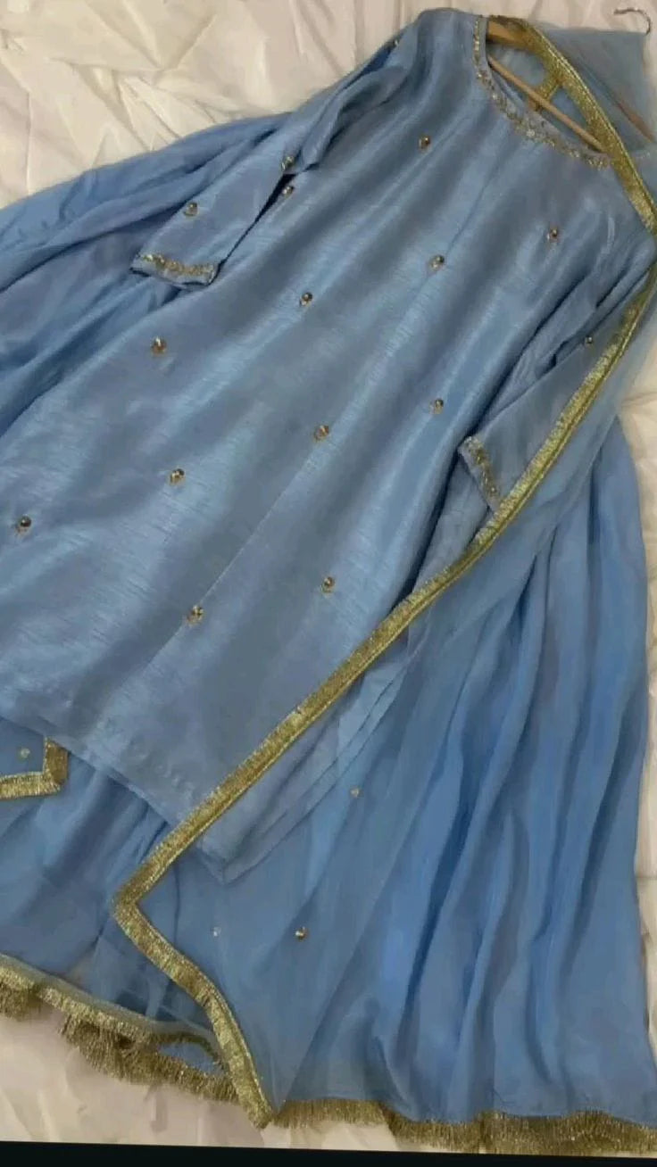 3pc stitched |Ice Blue wdora | Silk