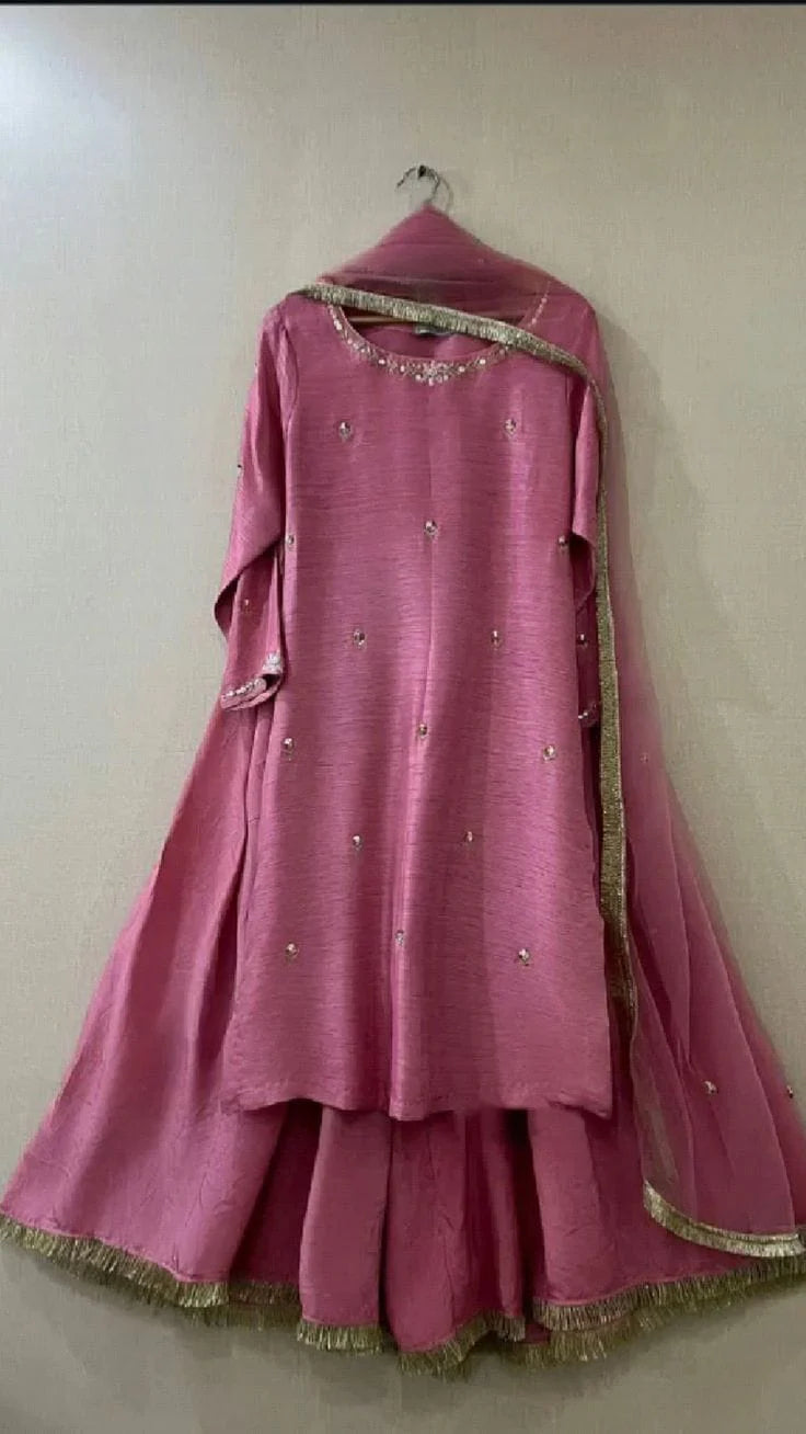 3pc stitched |Pink wdora| Silk
