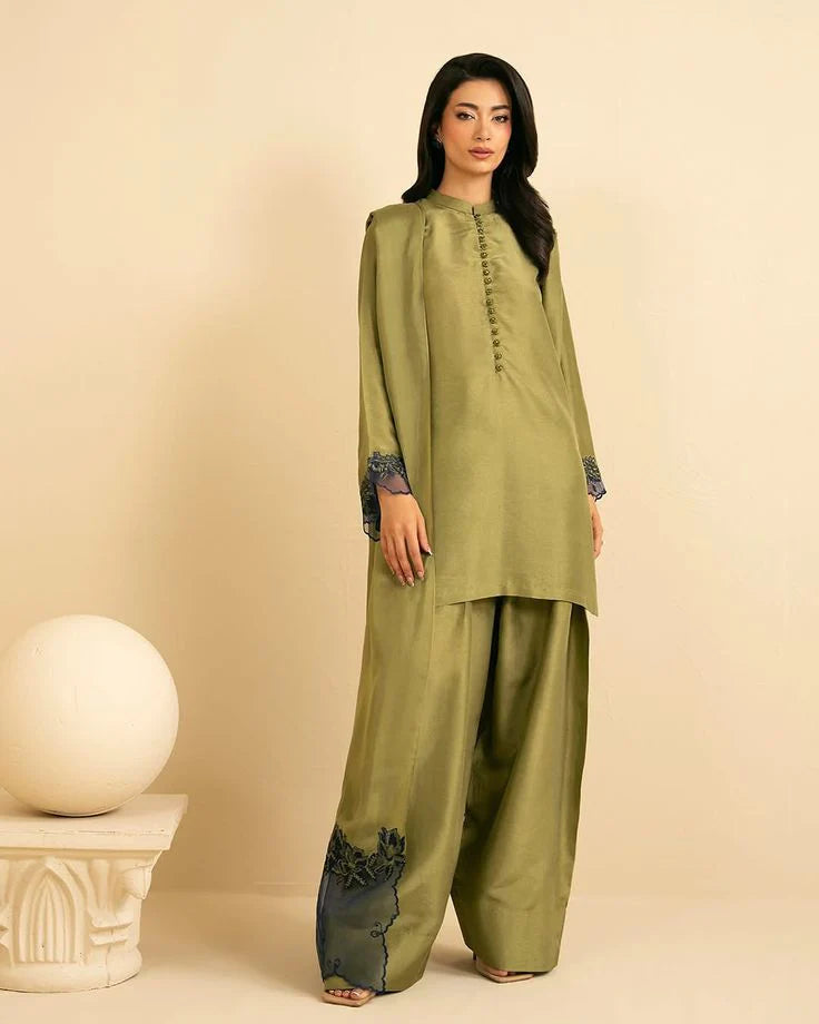 3pc stitched | Olive Green Wdora |Silk