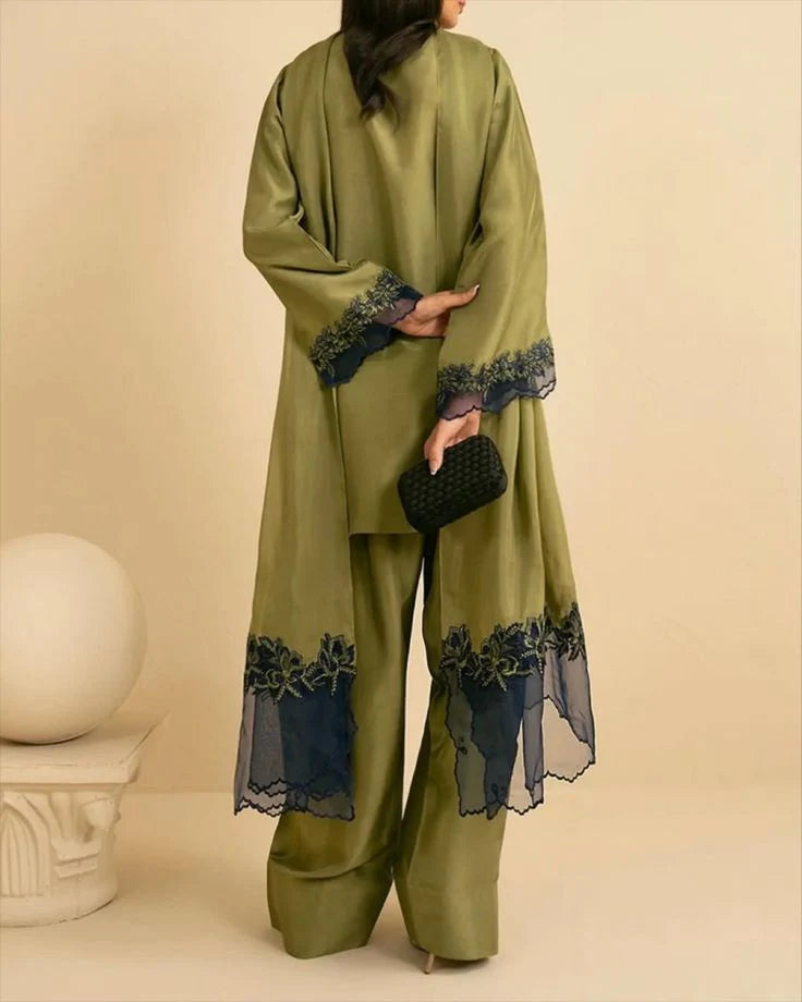 3pc stitched | Olive Green Wdora |Silk