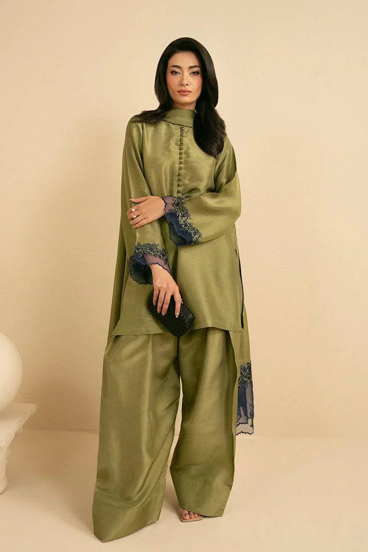 3pc stitched | Olive Green Wdora |Silk
