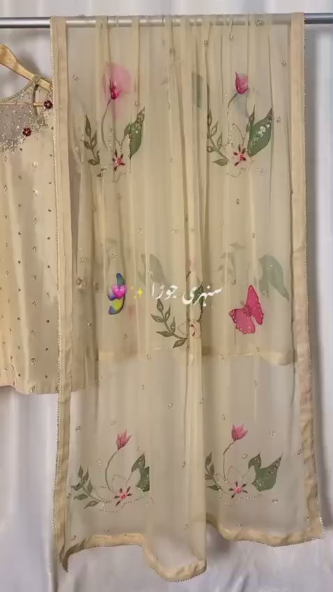3pc stitched| Beige wdora| Tusseles Silk