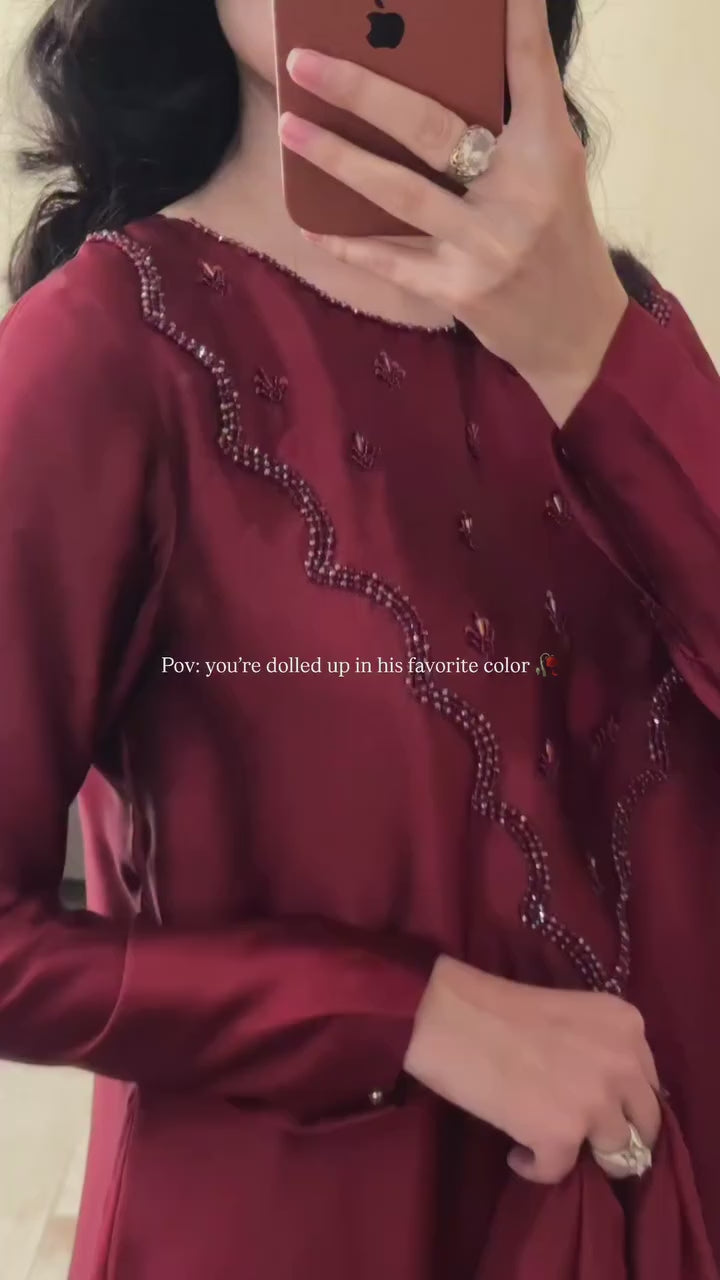 3pc Stitched |Red wine | Soft Silk